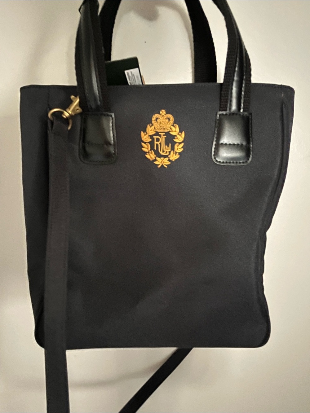 NWT Ralph Lauren Black Tote with Gold Crest w/crossbody strap - Picture 1 of 9